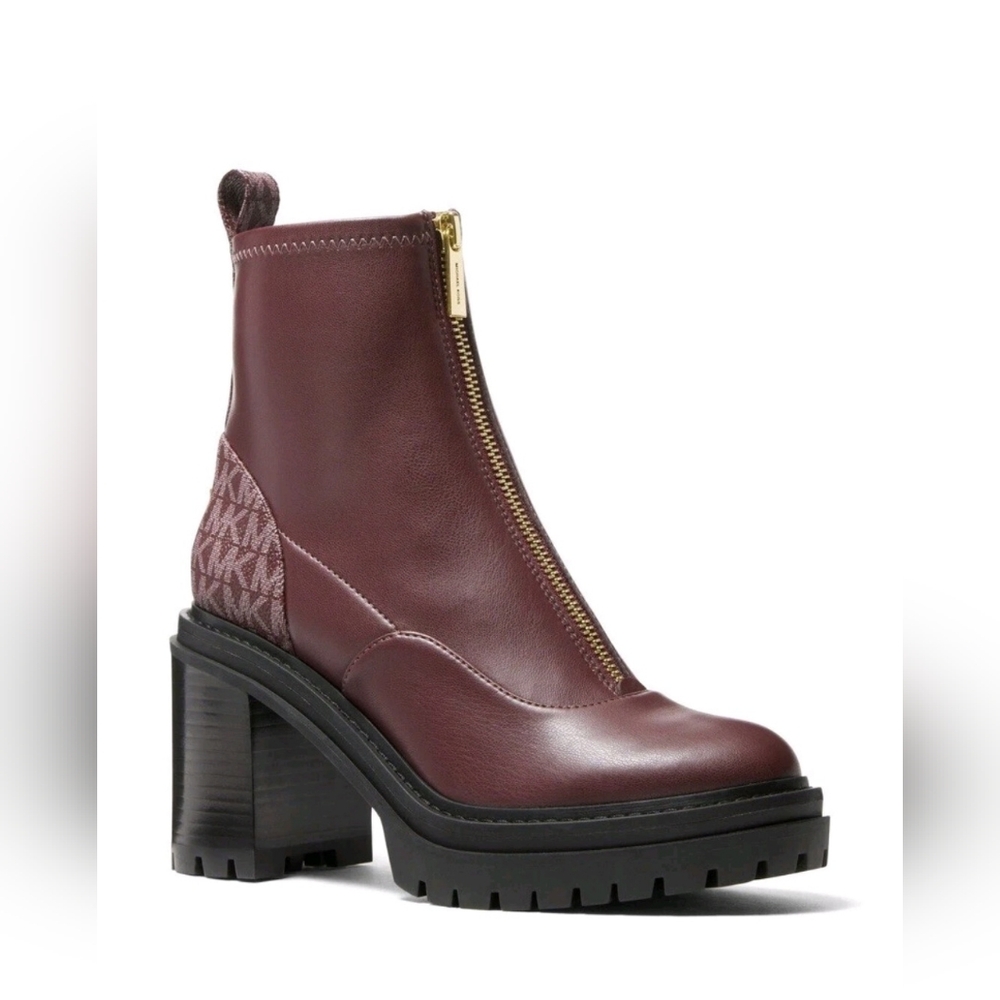 Size 7.5 - NEW Michael Kors Cyrus Zip-Up Platform Bootie Monogram Merlot